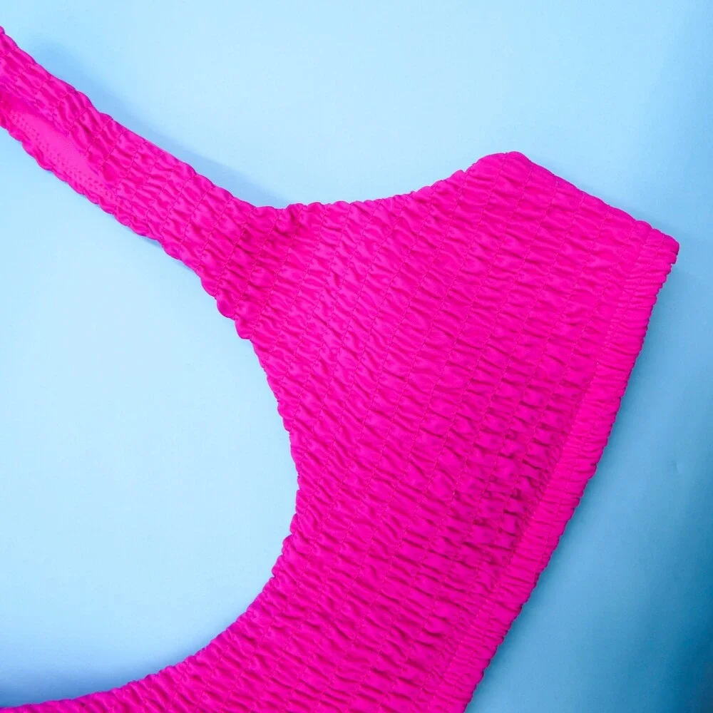Victorias Secret Medium Pink Ruched Fabric Padded Ribbed Bikini Top Pullover New